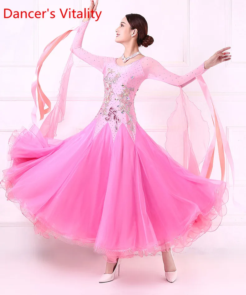 

New Modern Dance Performance Long Dress 2019 Waltz Big Swing Pink Long Sleeves Splicing Ballroom Jazz Outfits Garments Clothes
