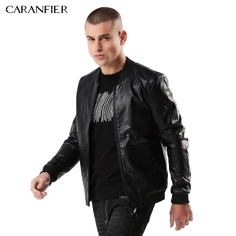 Мужская кожаная куртка CARANFIER 2018 новая мужская приталенная байкерская из