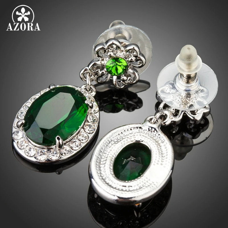 Серьги подвески AZORA из белого золота с овальным зеленым фианитом и цветком TE0280|drop