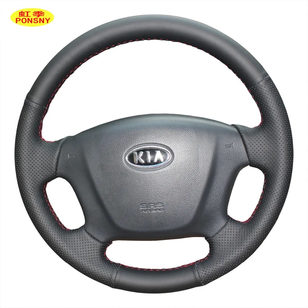 PONSNY Чехлы рулевого колеса автомобиля чехол для KIA Carens 2007-2011 Авто Ручная работа сшитый из натуральной кожи крышка колеса черный