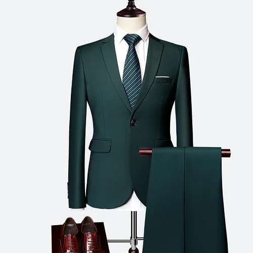 2 Piece set green Мужской костюм из 3 предметов, деловые мужские костюмы, осень, высококачественные официальные блейзеры, приталенные вечерние, свадебные, большой размер, бутик-костюм - Цвет: 2 Piece set green