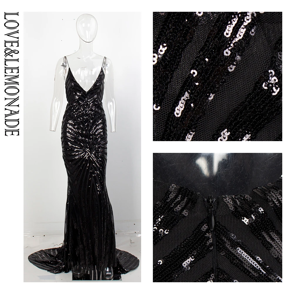 

LOVE&LEMONADE Sexy Black Deep V-Neck Open Back Geometry Sequins Long Dress LM81225