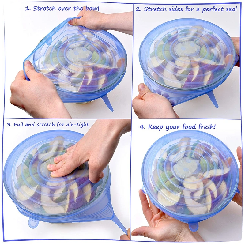 Многоразовые крышки из силикона 6 шт. прочные и расширяемые сохраняющие свежесть