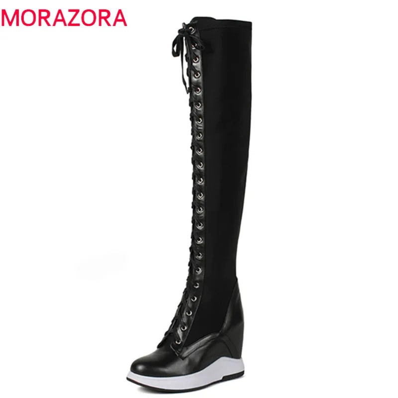 MORAZORA/2020 г. Новые Модные ботфорты женские теплые осенне зимние сапоги из