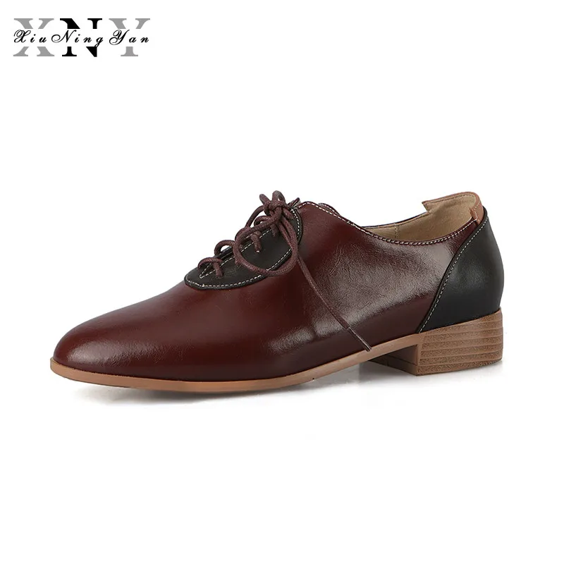 

Xiuningyan Casual Women's Flats Genuine Leather Round Toe Low Heels Shoes Woman Soft Leather Lace-up Special British Style Flats