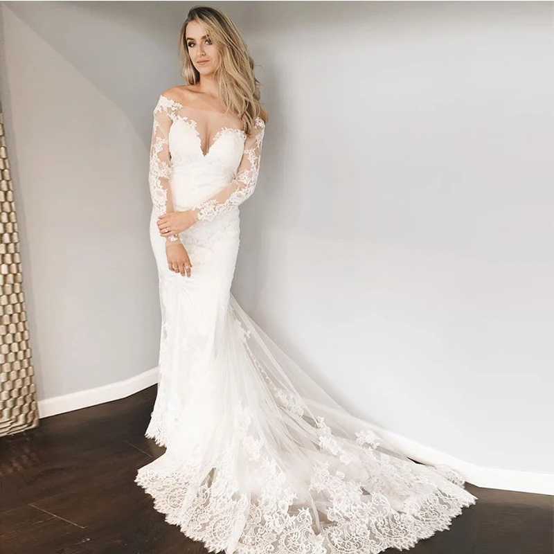 Off The Shoulder Wedding Dresses With Long Sleeves Mermaid Style Bridal Vintage Lace Appliques White Ivory Gown | Свадьбы и