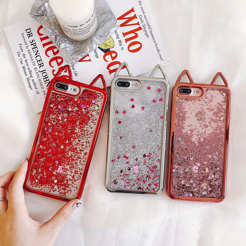 For Iphone X 10 8 7 6 6S 3D Cat Liquid Soft TPU Case Metallic Quicksand Chromed Bling Glitter Floating Silicone Gel Cover |
