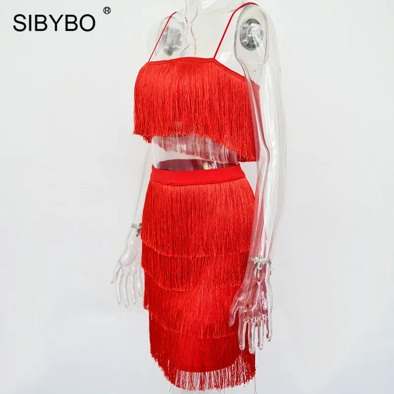 SIBYBO, с кисточками, без бретелек, сексуальный комплект из двух частей, Бандажное платье,, красное, белое, летнее, женское платье, элегантное, мини, для клуба, Платья для вечеринок