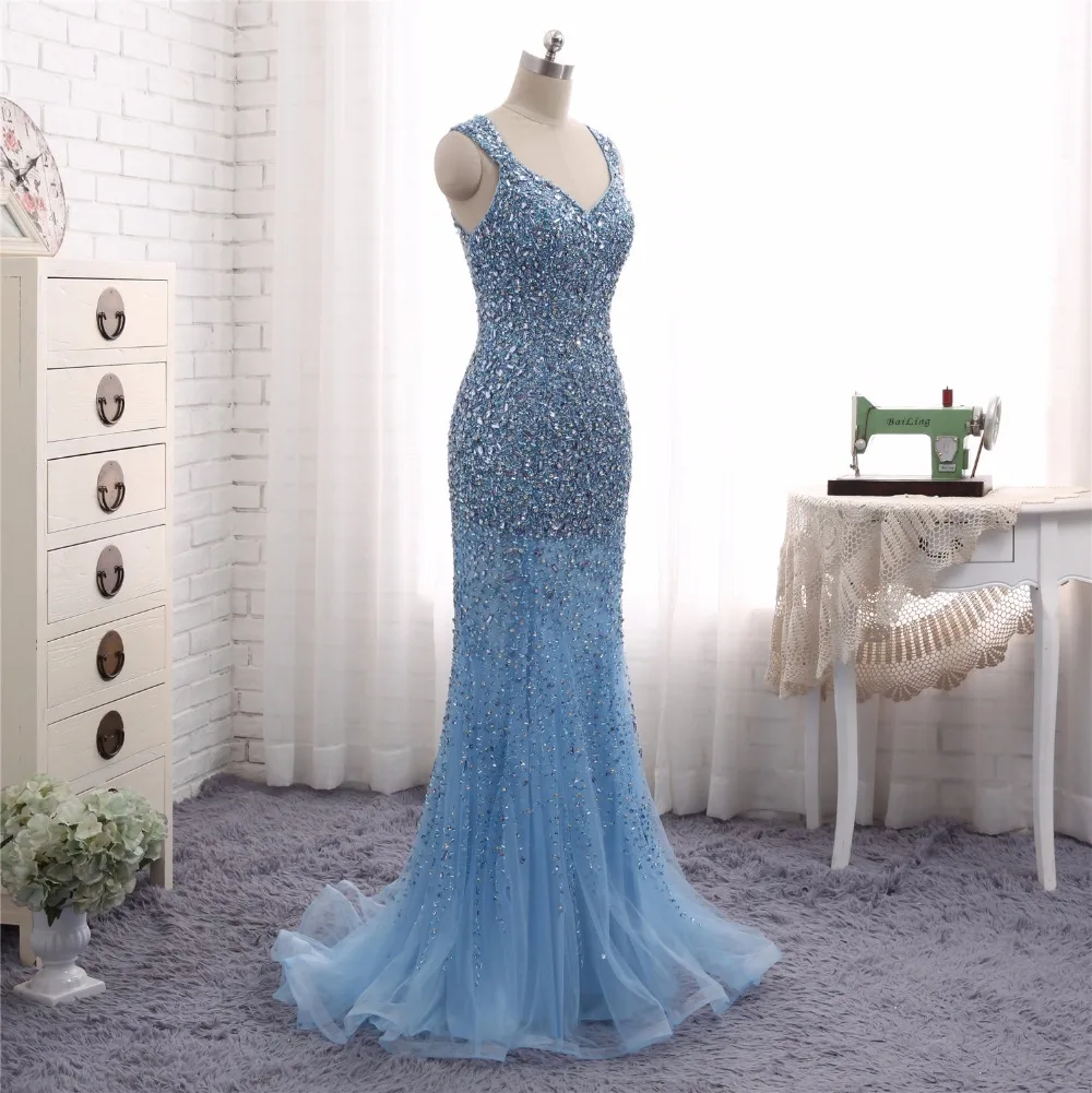 Светло Голубые Вечерние Платья Robe de Soiree 2017 платье Русалочки с v образным вырезом