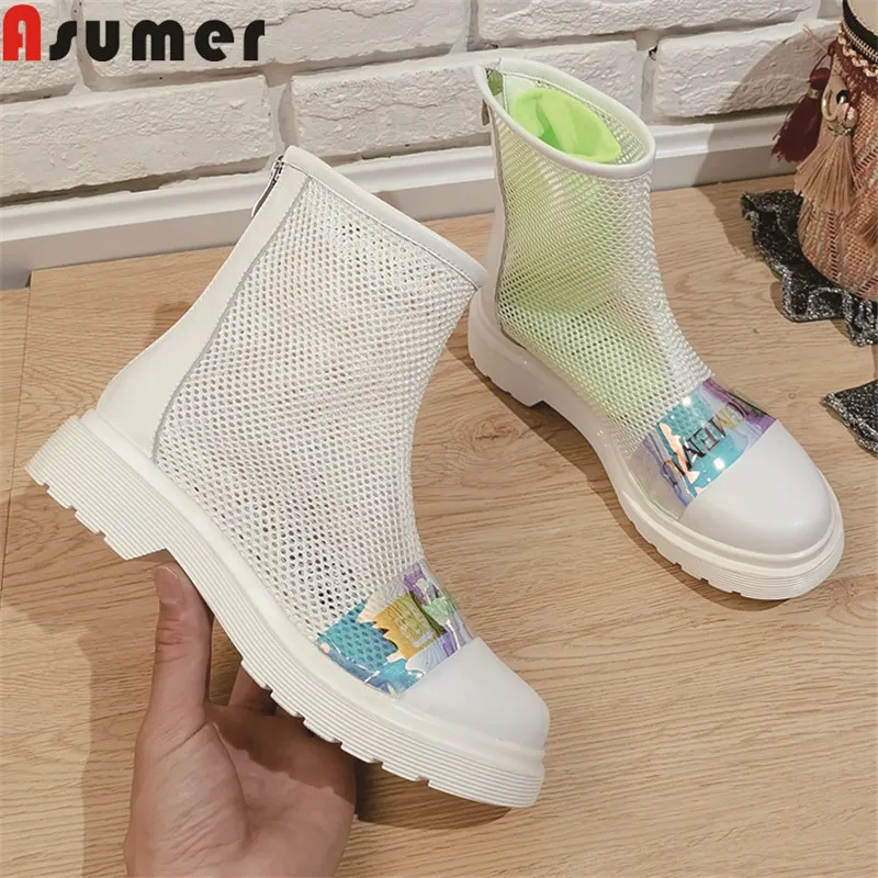 Женские ботильоны из сетчатой и натуральной кожи ASUMER с круглым носком на плоской