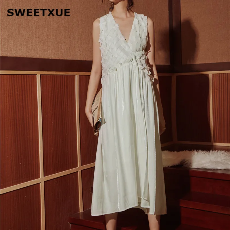 SWEETXUE женские летние платья 2019 белый кружевной шифоновый сшитый сексуальный