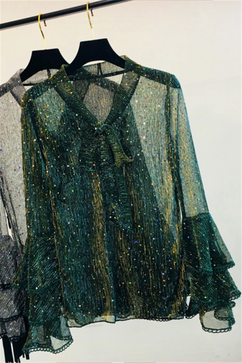 2019 Spring New Sexy Mesh Blouse Shirt with Bow Glittering Flare Sleeve Tops Ladies V-Neck Korean Fashion Clothing Shirts |