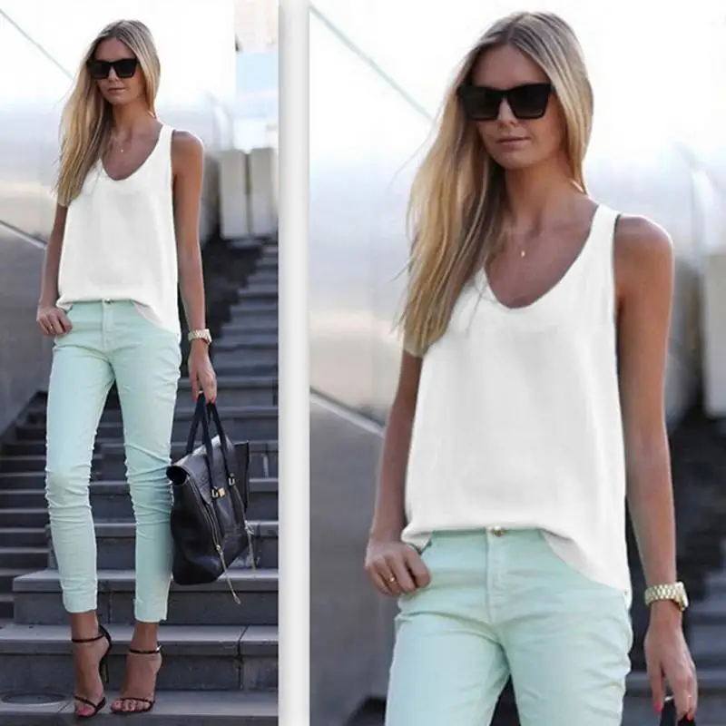 Летняя женская рубашка шифоновые топы без рукавов блузки одежда Элегантные