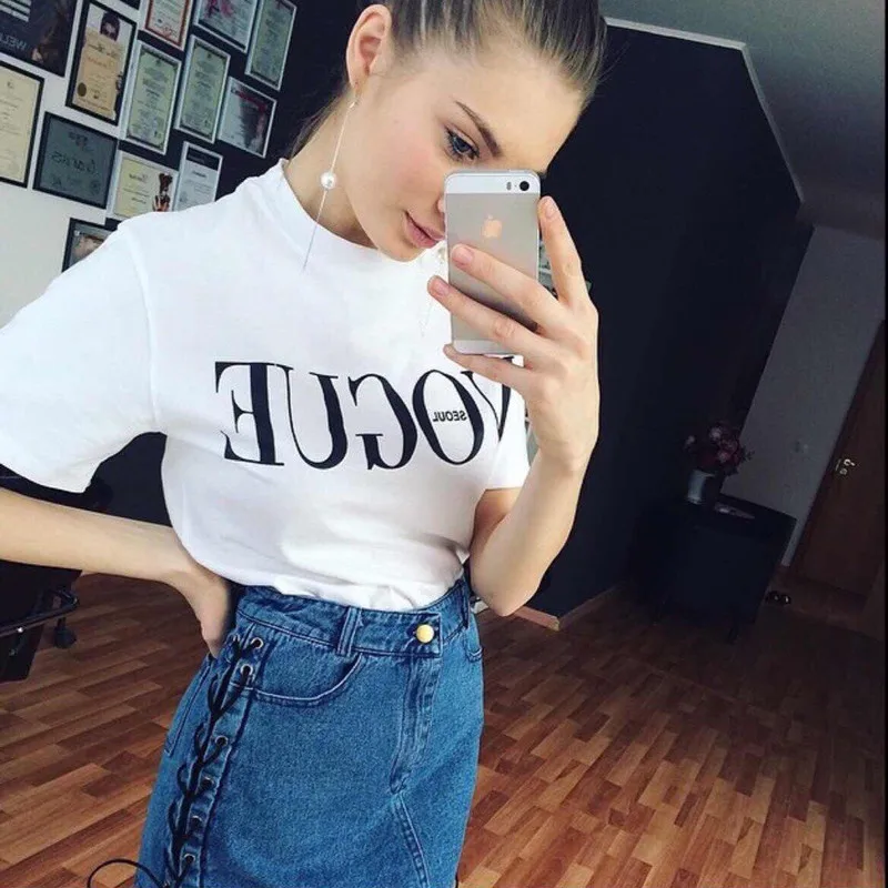VOGUE seoul Print T Shirt 2019 Summer fashion women t-shirt Harajuku short sleeve casual tees tops Red Black White | Женская одежда