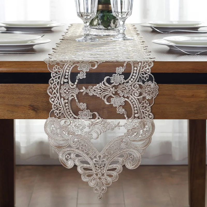 

Embroidered Lace Table Runner TV Bench Stand End Table Cover Decoration 26 x 70 120 150 180 210 250 280cm 310cm White Champagne