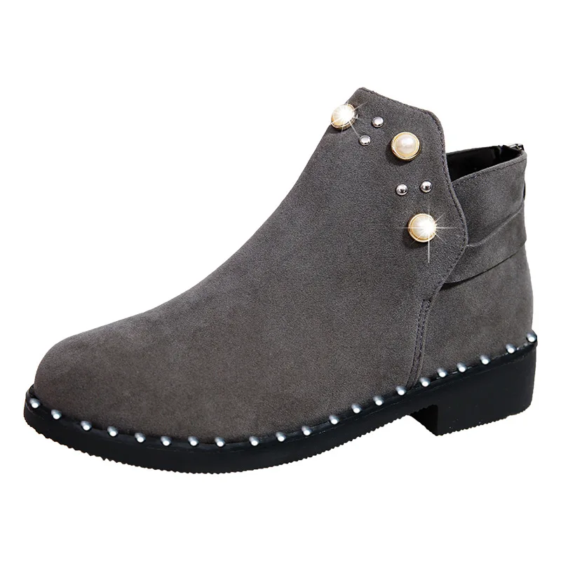 british style pearl round toe ankle boots women plush back zip chunky martin booties lady rivets bottines ladies footware | Обувь