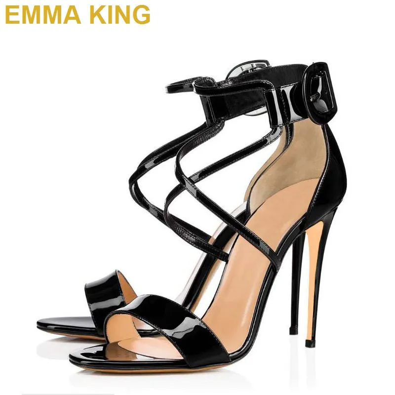 

EMMA KING Black Gladiator Sandals Open Toe Women High Heels Summer Shoes Office Ladies Sandals Cross Strap Buckle Stiletto Shoes