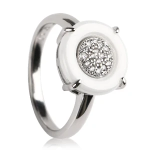 White Silver 585, кольца из розового золота, 4 зубца, круглый кристалл, 3 мм ширина, черные, белые, керамические кольца для женщин, свадебные ювелирные изделия, подарок - Цвет основного камня: White Silver