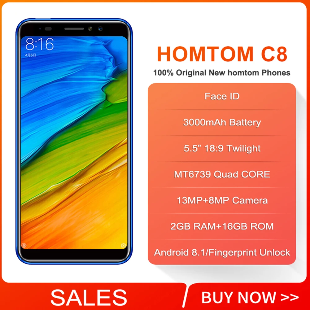 HOMTOM C8, 5,5 дюймов, Android 8,1, четырехъядерный процессор, 2 Гб ОЗУ, 16 Гб ПЗУ, мобильный телефон, Face Id, 13 МП, две камеры, две sim-карты, сотовый телефон, 4g, Lte, смартфон