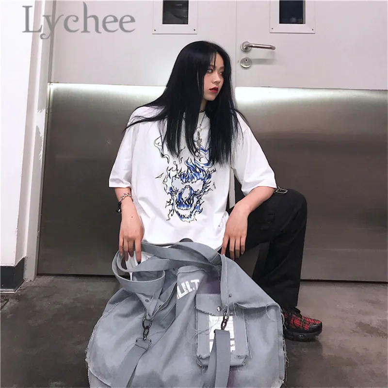 Lychee Harajuku Ghost Flame Print Lady Футболка Топ тройники круглый вырез свободный короткий рукав весна лето женские футболки Топ тройники