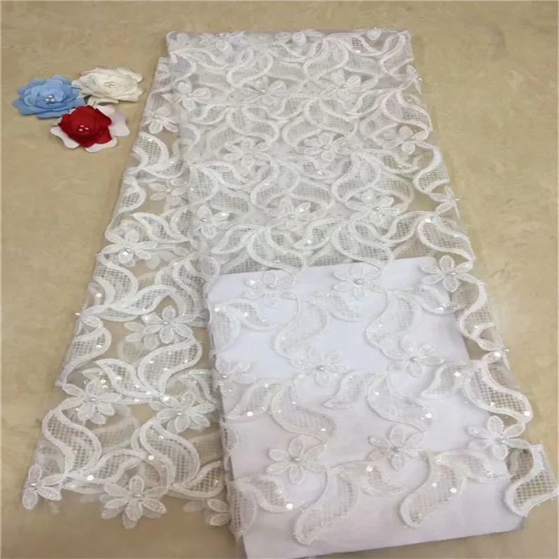 

Embroidered Tulle Lace Fabric, Pearls Lace sequins beads Fabric For Wedding, African 3D Flower Lace Fabric High Quality white