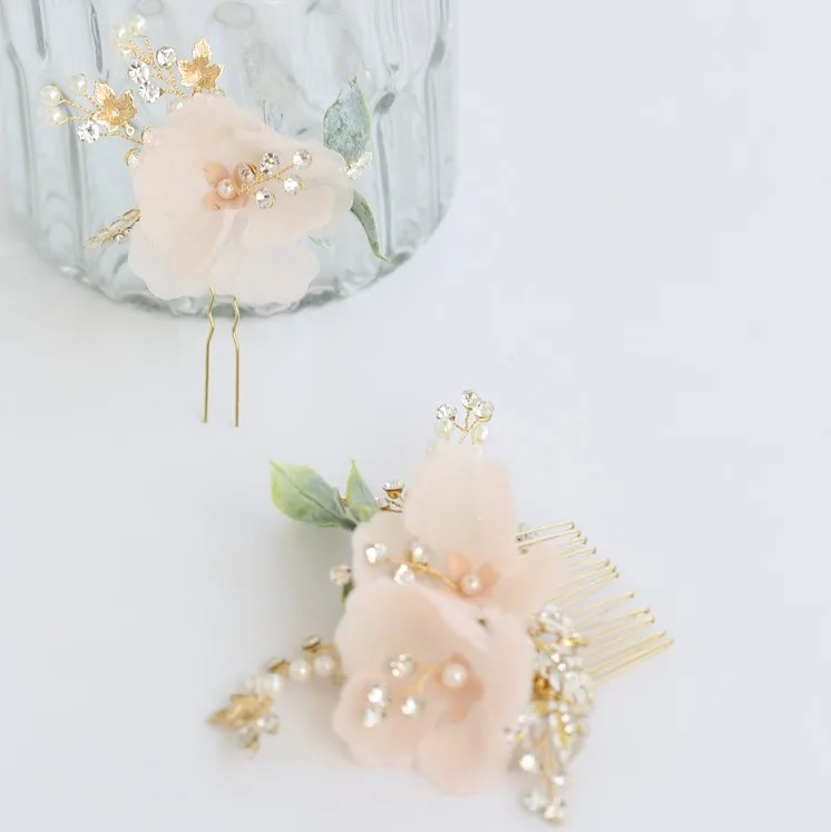  Delicate Pink Flower Bridal Hair Comb Pins Handmade Wedding Headpiece Ornament Women Prom Headwear | Украшения и аксессуары