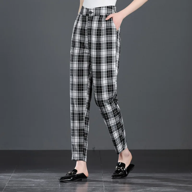 Black and white grid Новые женские брюки с высокой талией, повседневные, длина по щиколотку, тонкие, в клетку, с рисунком морковки, девять точек, облегающие, красные, белые - Цвет: Black and white grid