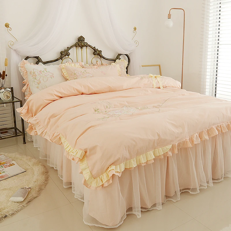 Elegant pastoral bedding set embroidery flower double ruffle douvet cover lace bedspread quality fabric bed sheet home textile | Дом и сад
