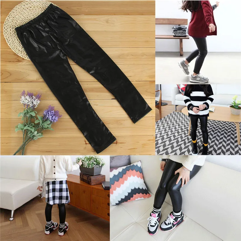 

Emmababy High Quality Solid Black Baby Leggings Baby Girl Long Pant Skinny Casual arrival Streetwear PU Elastic Waist High Waist