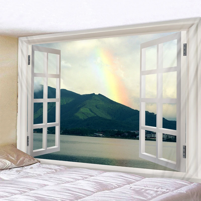 Зеленые гобелены с рисунком гор снаружи окна индийское домашнее украшение