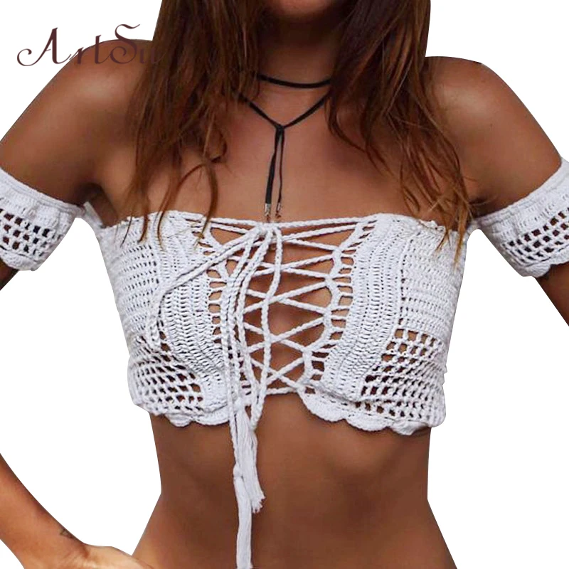 ArtSu сексуальный кроше женский топ Бохо бандажный с открытыми плечами летний