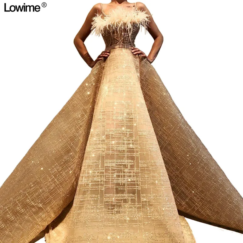

Champagne Feathers Fashion Couture A-Line Evening Party Dresses Abendkleider 2019 Sequined Ruffles Robe De Soiree Vestidos