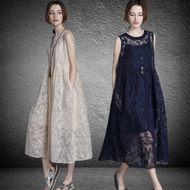 2018 новых женщин лета высокая талия вышитые органзы платье без рукавов свободные