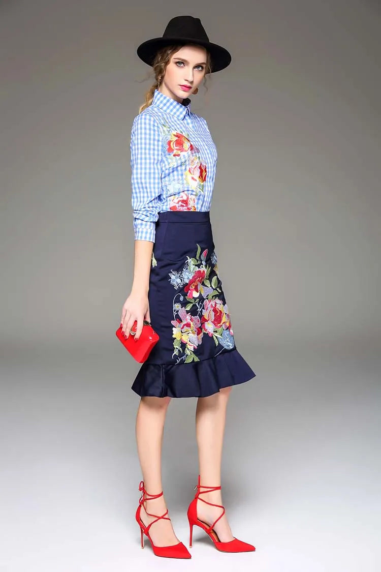 Новое Прибытие 2016 Осенние женщин Turn Down Воротник С Длинными Рукавами Вышивка