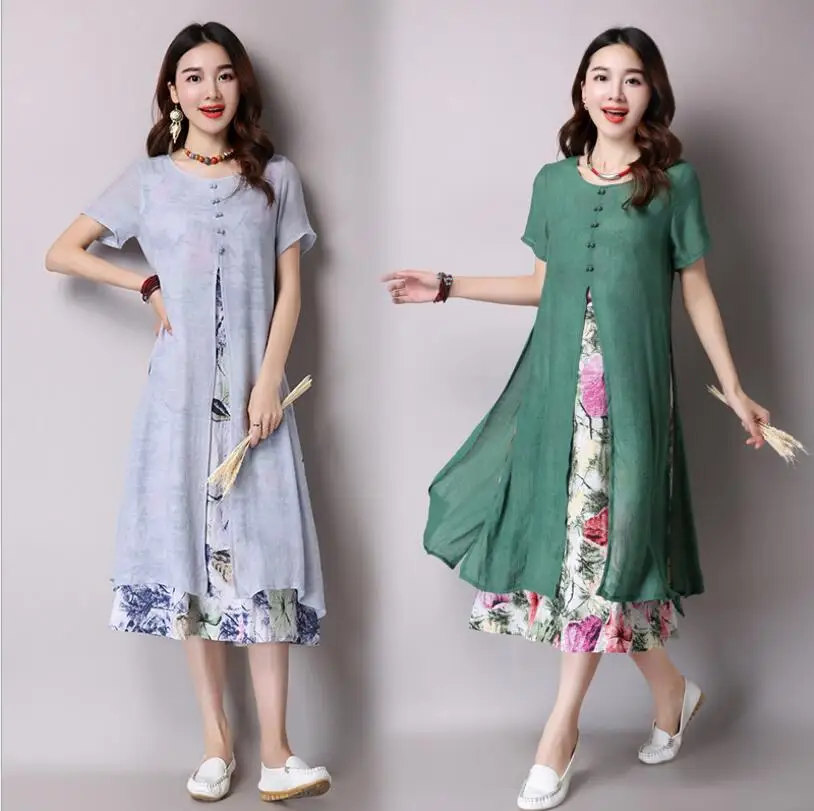 2017 винтажное женское платье с круглым вырезом и коротким рукавом Двухслойное