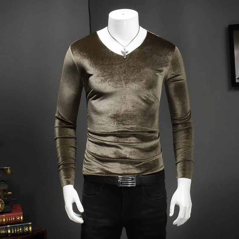 Корейская мужская Осенняя Золотая Бархатная футболка с длинными рукавами