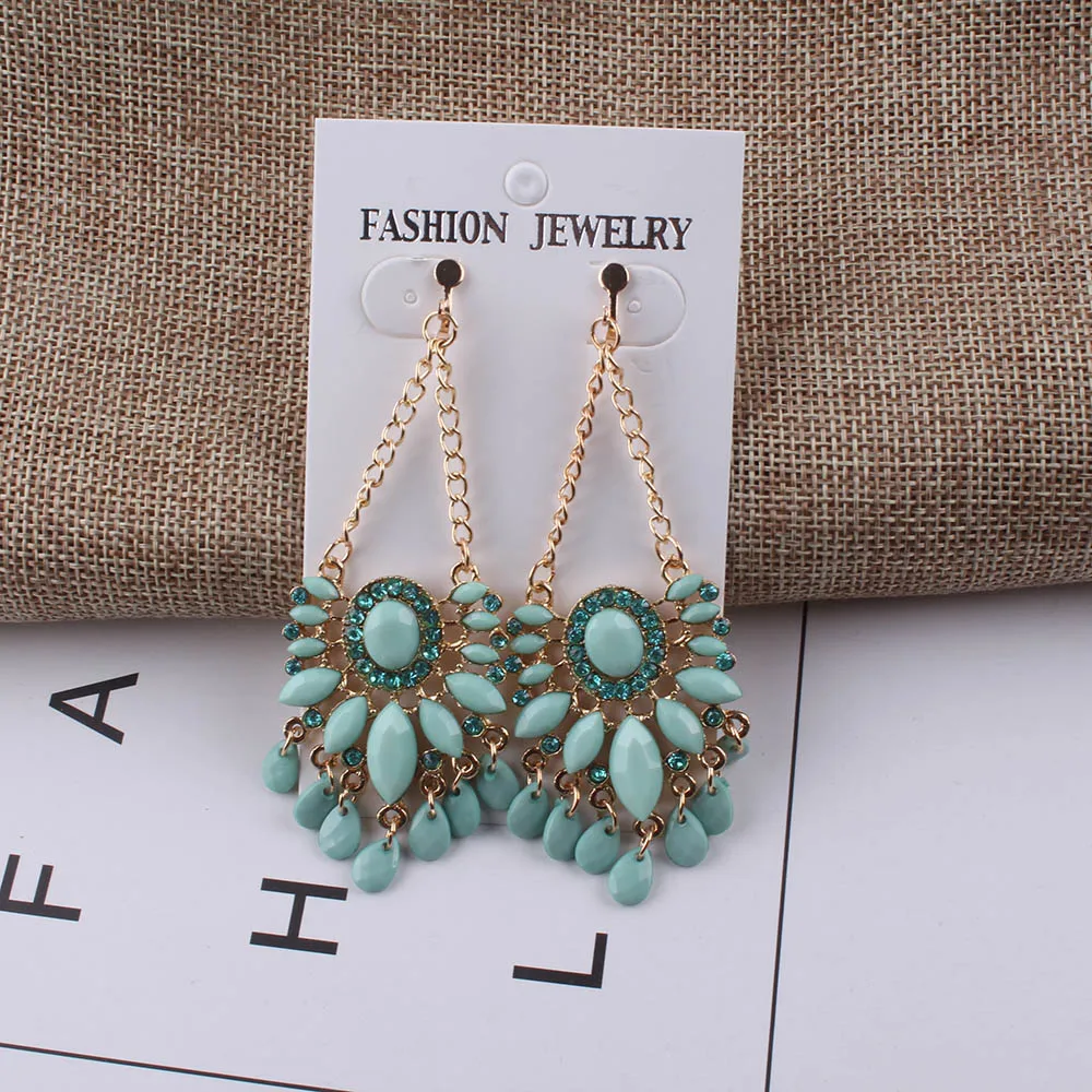 

Big Bohemia Resin Clip on Earrings Without Piercing for Women Brincos Grandes New Arrival light green Color Rhinestone Earrings