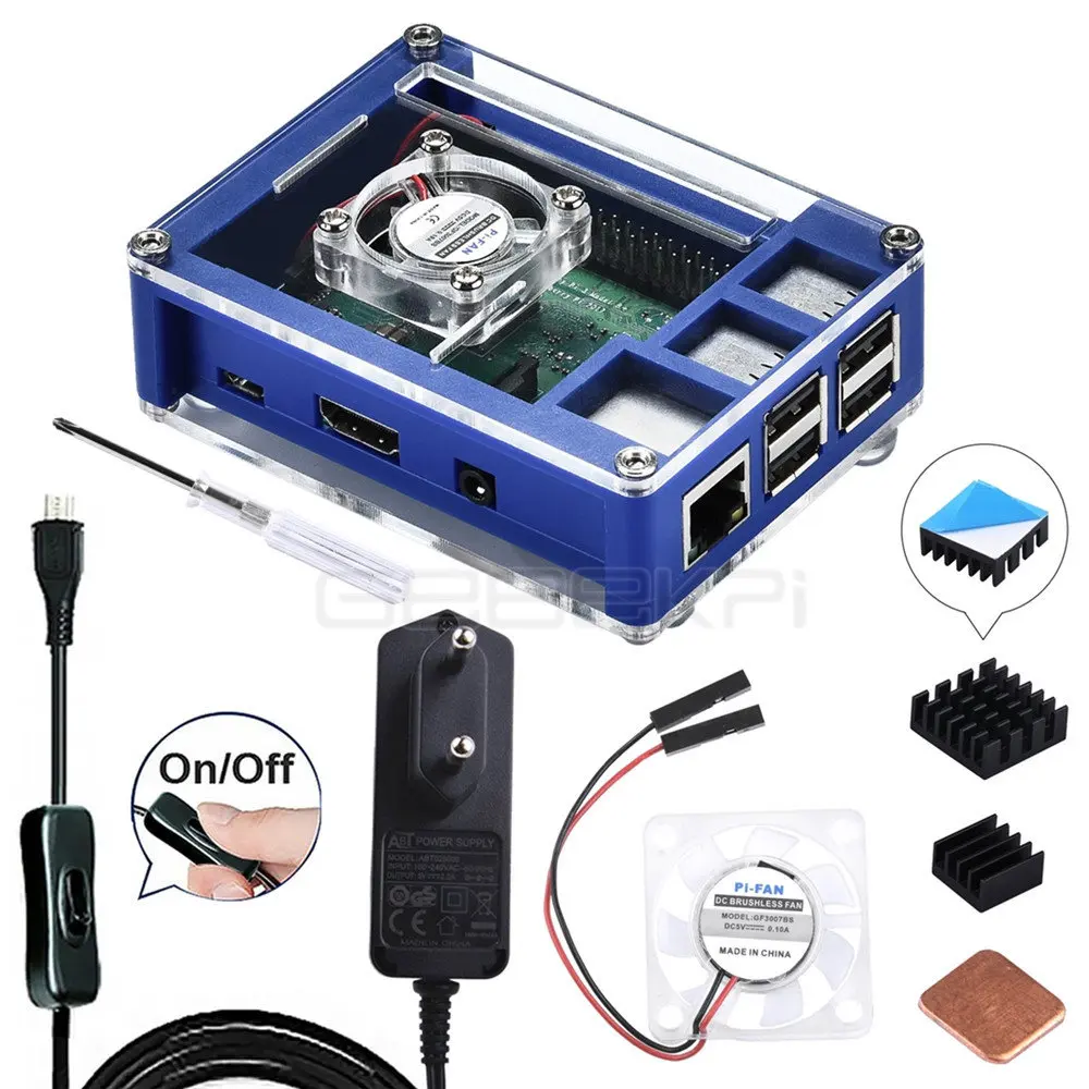 Case with EU adapter GeeekPi акриловый пластиковый синий и прозрачный чехол с дополнительным 5V 2.5A адаптером питания для Raspberry Pi 3B+/3B Plus(не включает - Цвет: Case with EU adapter