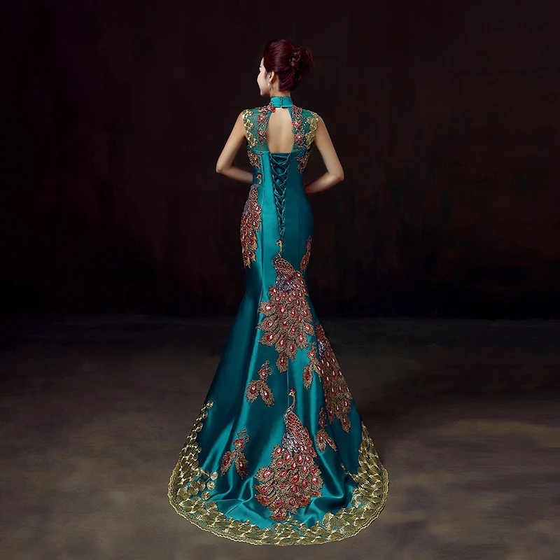 Зеленые роскошные вышитые вечерние платья чонсам китайское свадебное платье