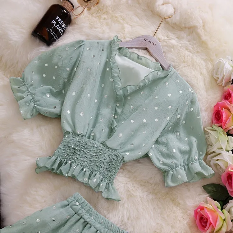 

New Summer Chiffon 2 Piece Set Women Sexy V Neck Blouse Top And Mini Skirt Suits Woman Cute Korean Dot Print Two Pcs Set Twinset