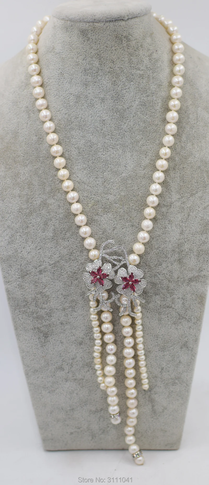 

freshwater pearl near round 5-6mm 7-8mm +red flower pendant necklace 25inch FPPJ wholesale beads nature