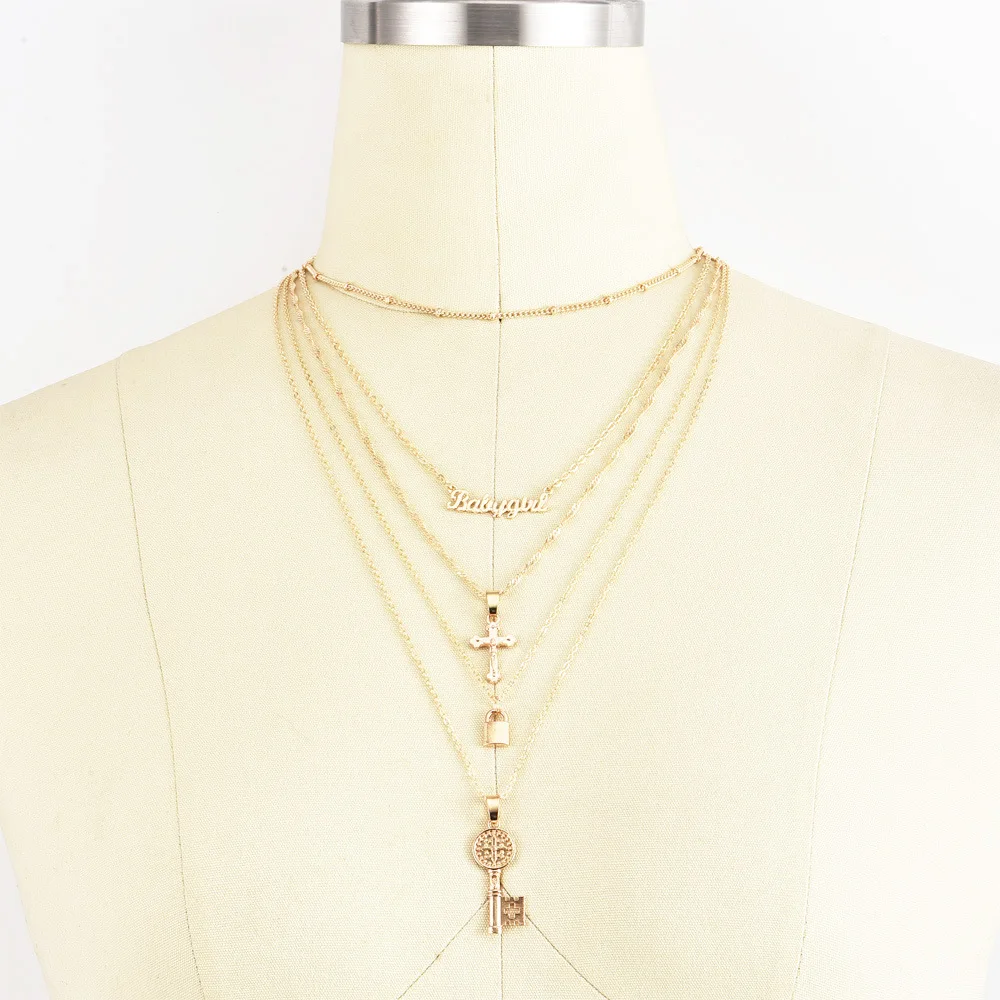 

New Multilayer Key Lock Cross English Letter Necklaces For Women Vintage Charm Gold Necklace 2019 Bohemian Jewelry Wholesale
