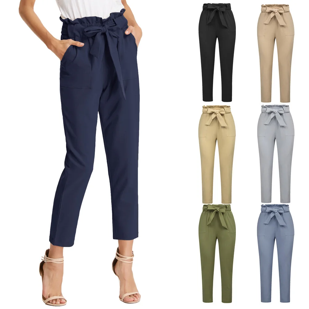 Обрезанные карманы бумажная сумка талия высокая офисный ремень черные брюки