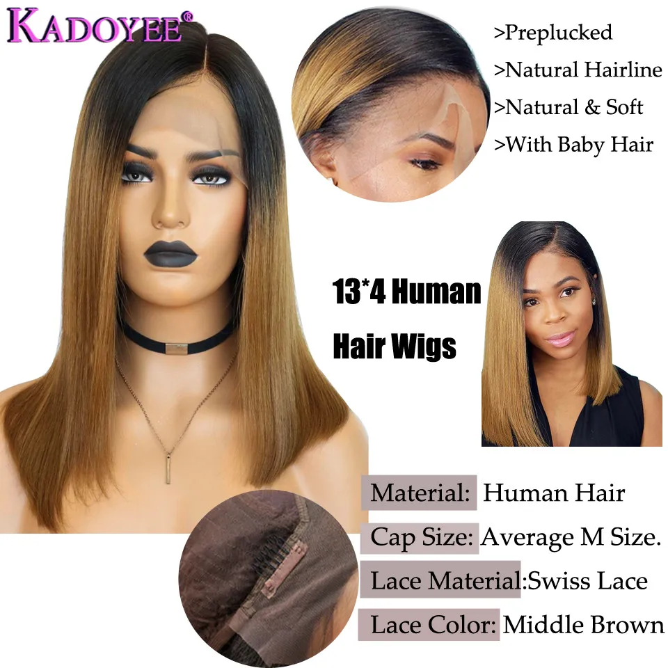 Brazilian Lace Front Human Hair Wigs Straight Short Wig Pre Plucked Remy Ombre Wig Side Part 13x4 Frontal Wig 130% 150% Density