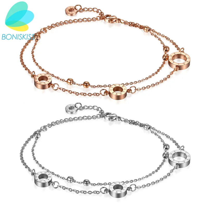 

Boniskiss HOT SELL Love Round Anklet Foot Jewelry Rose Gold Stainless Steel Fashion Foot Chain Jewelry For Women Wholesale Price