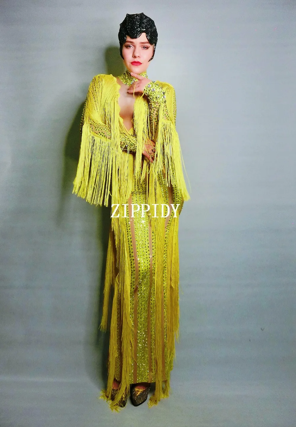 Модное желтое платье с бахромой и стразами женское вечернее сексуальное длинное