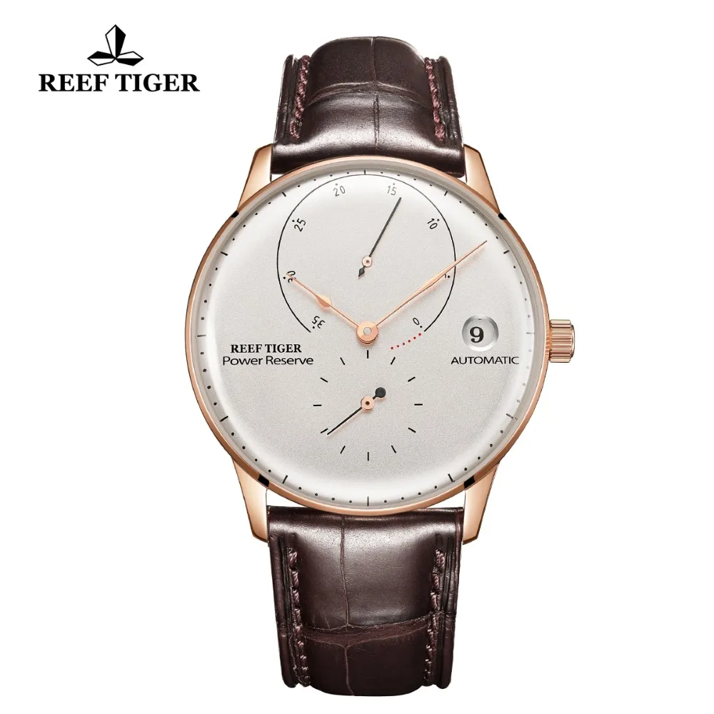 

Reef Tiger/RT Luxury Business Dress Watch Mens Rose Gold Automatic Watch Genuine Leather Strap Waterproof Watch RGA82B0-2
