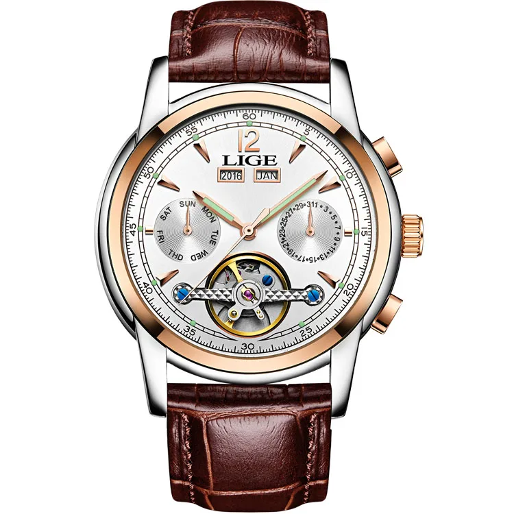 Relogio masculino мужские часы Топ бренд Luxruy LIGE автоматические часы мужские водонепроницаемые спортивные часы мужские кожаные деловые наручные часы - Цвет: leather gold white