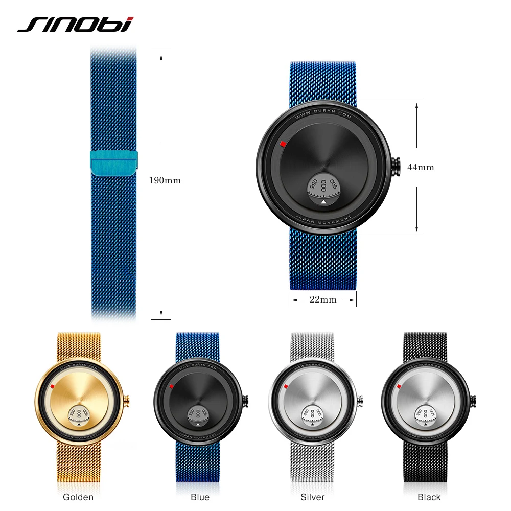 

SINOBI Golden Geek Watches Mens Creative Fashion Wrist Watches Rotate Plate Dial with Milan Strap Relogio Man's Japan Movt Watch