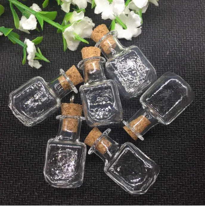 

50sets/lot square handmade diy Glass CUBE vial cork Lampwork pendant charm 2ml box tiny Perfume essential oil Bottle Findings